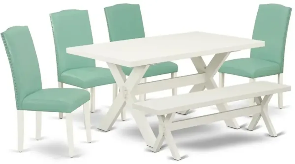 East West Furniture 6-Piece Wood Dining Table Set-Pond Linen Fabric Seat and Button Tufted Chair Back Kitchen chairs, A Rectangular Bench and Rectangular Top dining room table with Wooden Legs - Linen