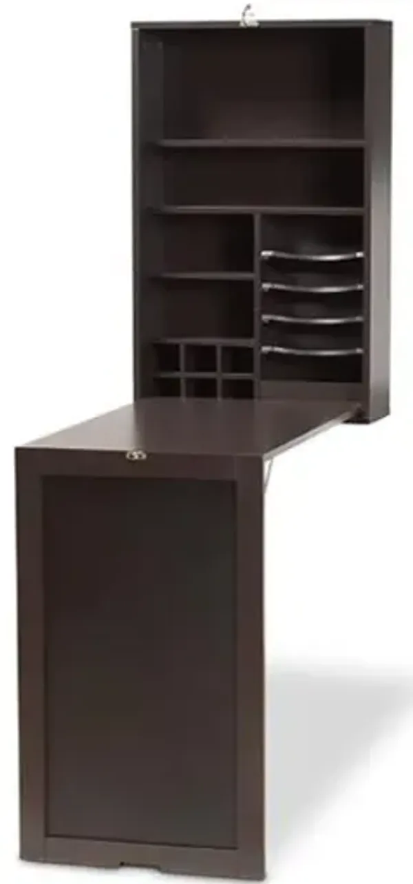 Dark Brown Finished Wood Wall-Mounted Folding Desk