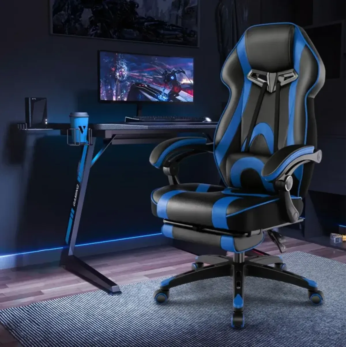 Hivvago Gaming Chair Racing Style Swivel Chair with Footrest and Adjustable Lumbar Pillow