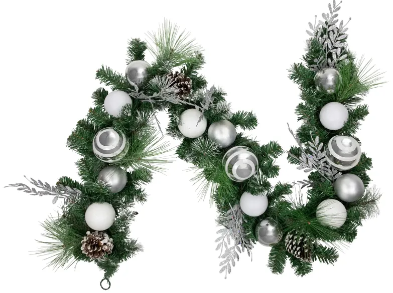 6' Green Pine Needle Garland with Pinecones and Striped Christmas Ornaments  Unlit