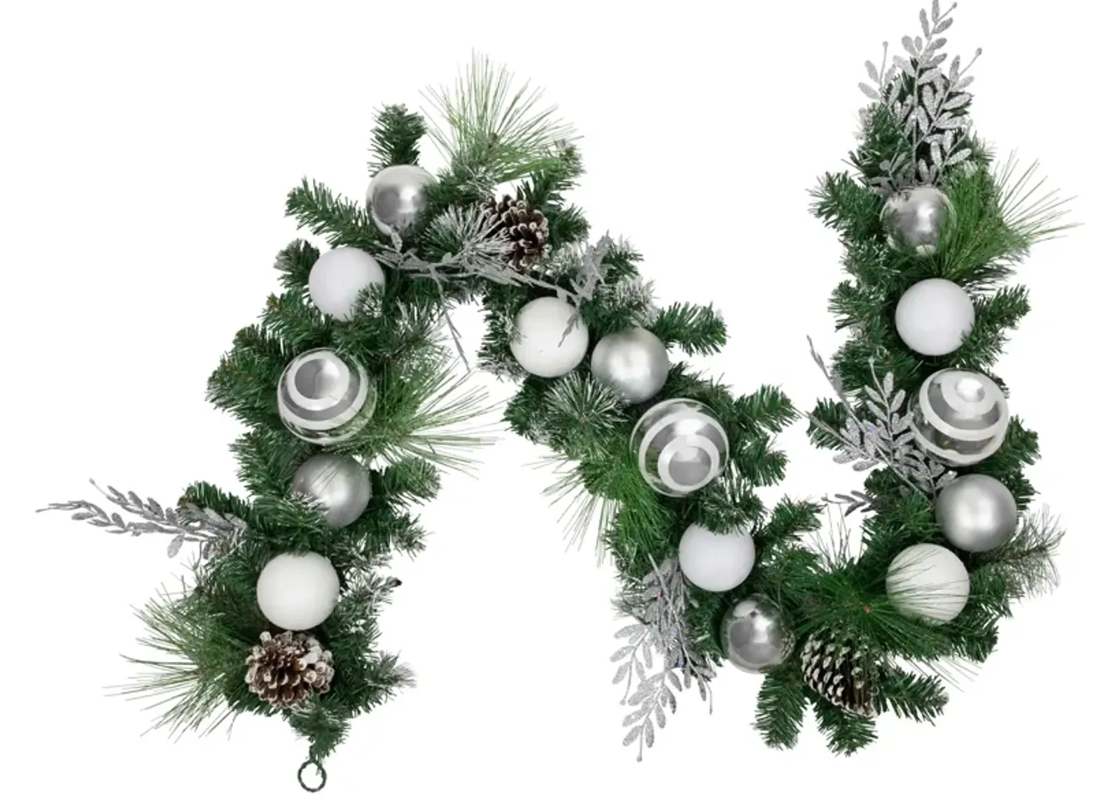 6' Green Pine Needle Garland with Pinecones and Striped Christmas Ornaments  Unlit