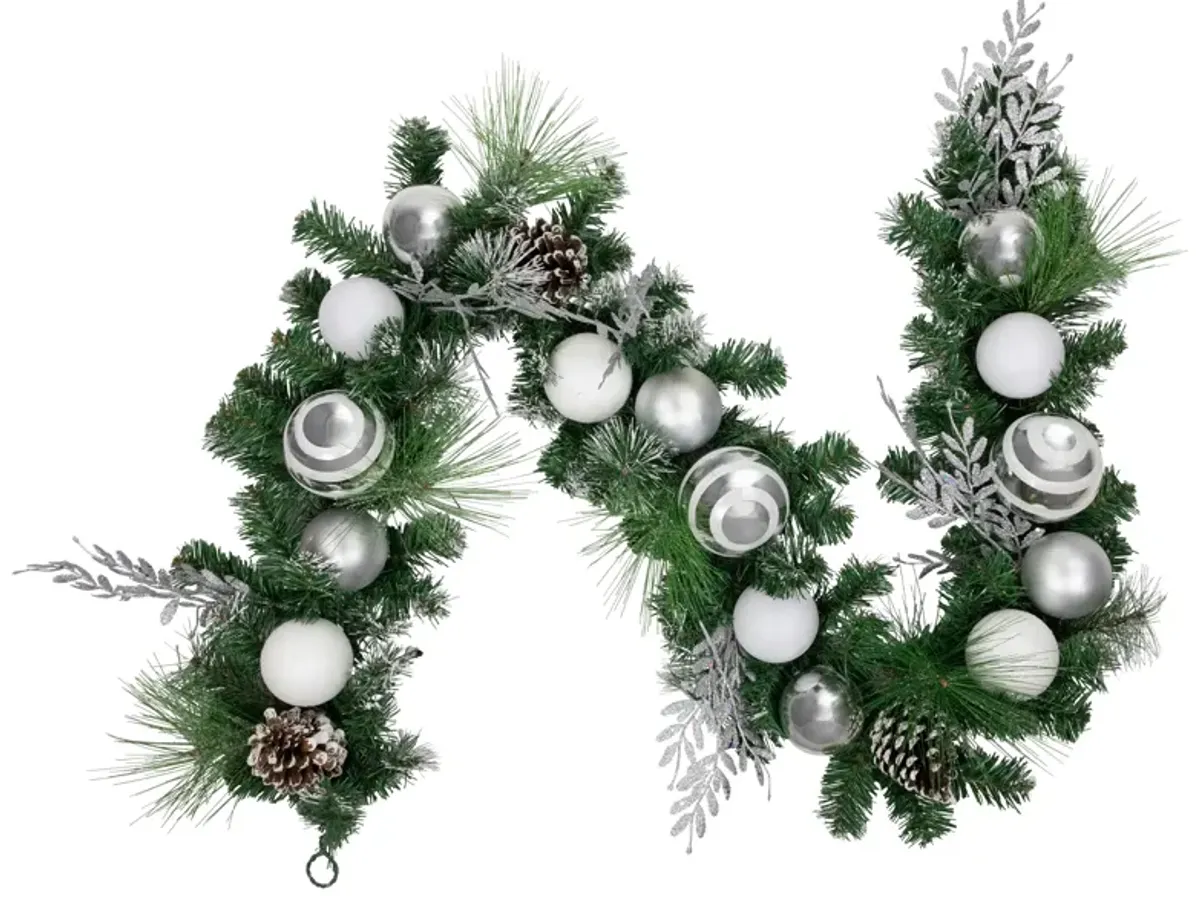 6' Green Pine Needle Garland with Pinecones and Striped Christmas Ornaments  Unlit