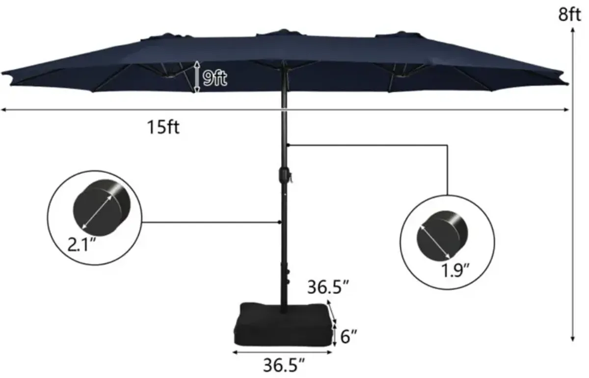 Hivvago 15 Feet Double-Sided Twin Patio Umbrella with Crank and Base