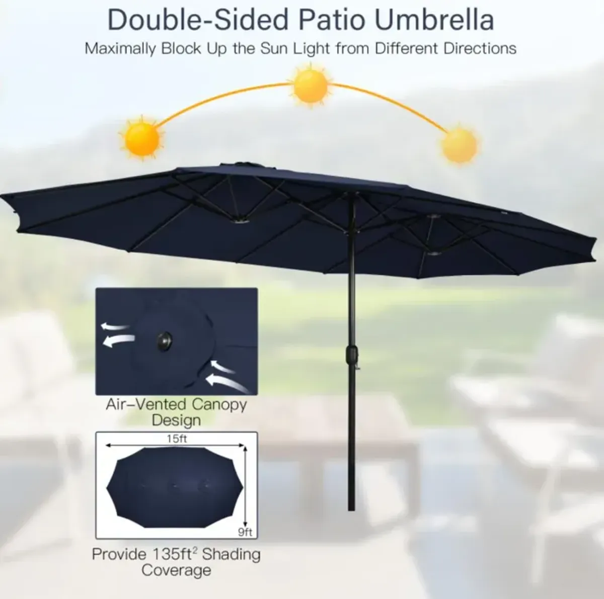 Hivvago 15 Feet Double-Sided Twin Patio Umbrella with Crank and Base