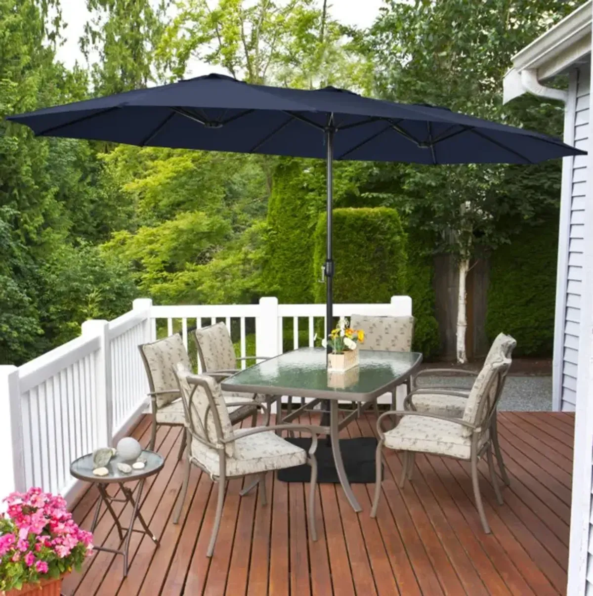 Hivvago 15 Feet Double-Sided Twin Patio Umbrella with Crank and Base