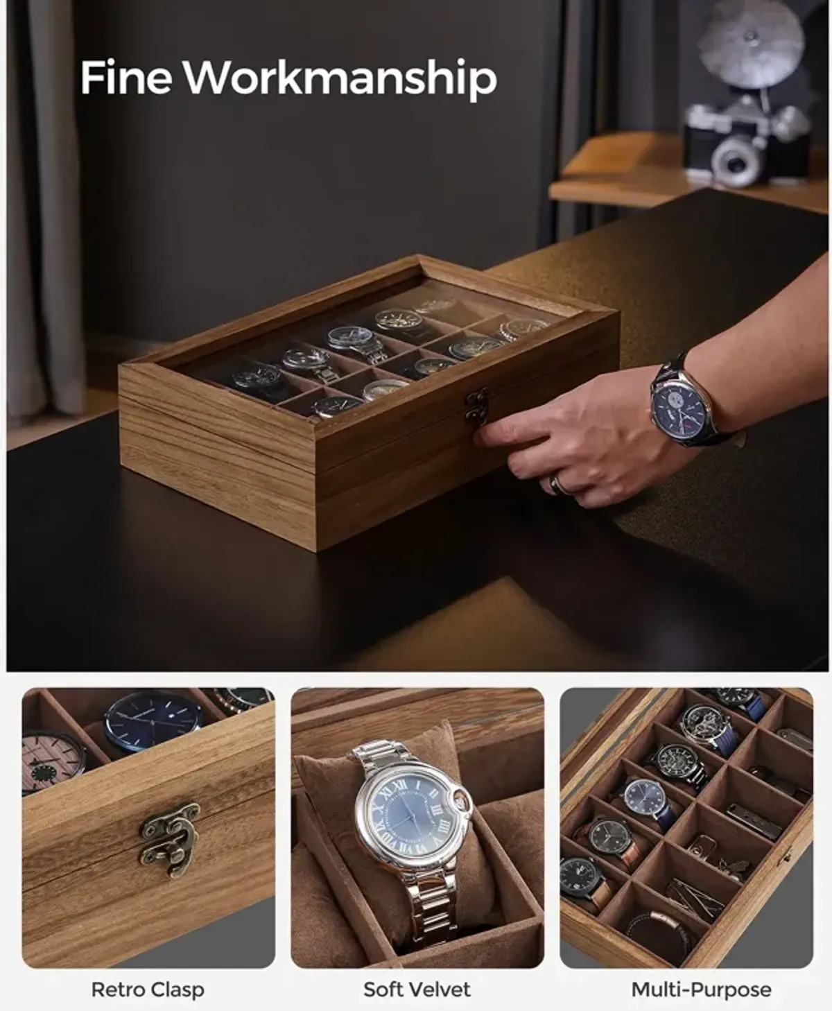 12-Slot Wooden Watch Box for Elegant Timepiece Storage