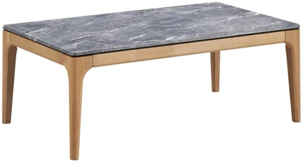 Aris Coffee Table, 47 Inch Gray Faux Marble, Rectangular Brown Wood - Benzara