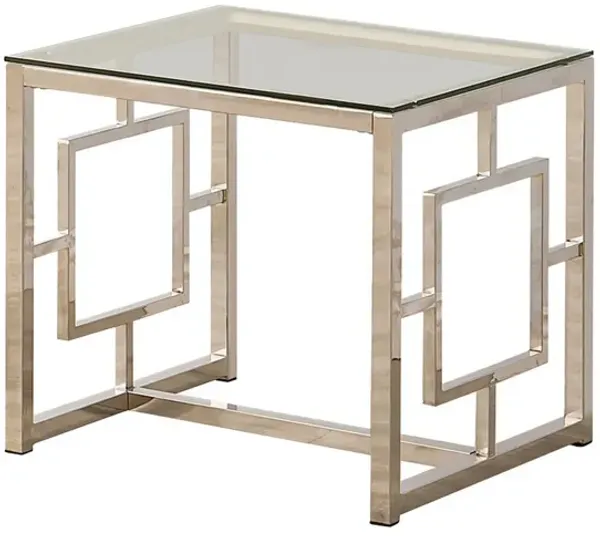 Tempered Glass Top End Table with Lattice Cut Out Panels, Silver and Clear-Benzara