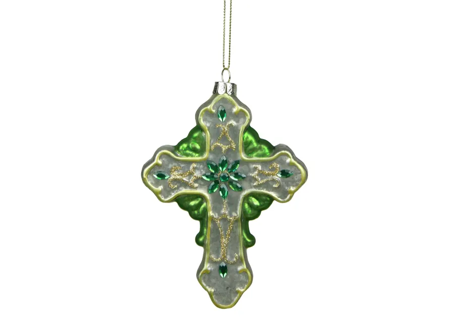 5" Green and White Luck of the Irish Mercury Cross Glass Christmas Ornament