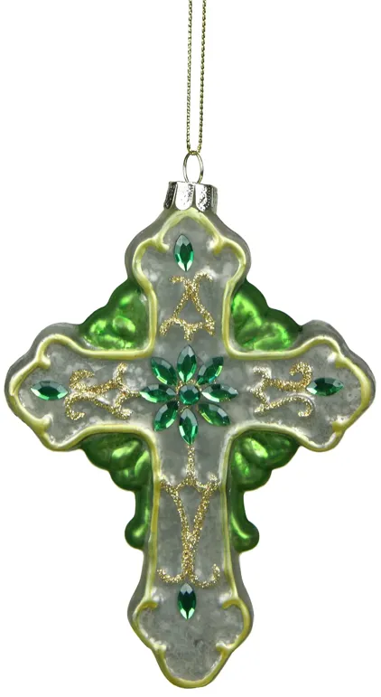 5" Green and White Luck of the Irish Mercury Cross Glass Christmas Ornament