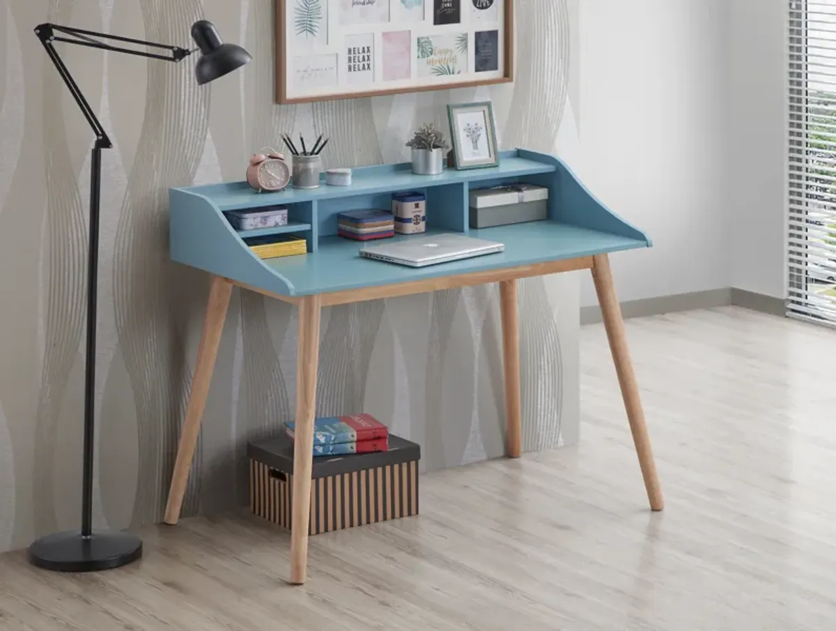 Mid-Century Modern Wood Writing Desk with Hutch, Blue