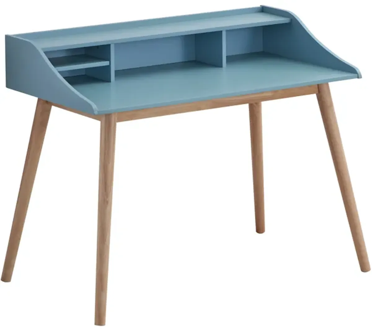 Mid-Century Modern Wood Writing Desk with Hutch, Blue