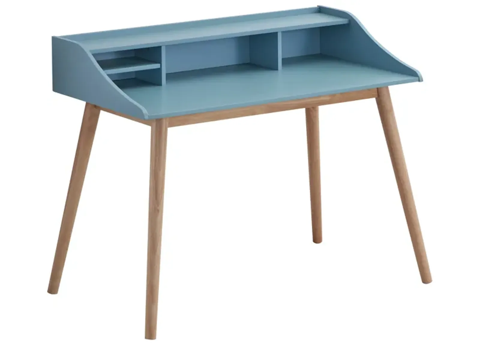 Mid-Century Modern Wood Writing Desk with Hutch, Blue