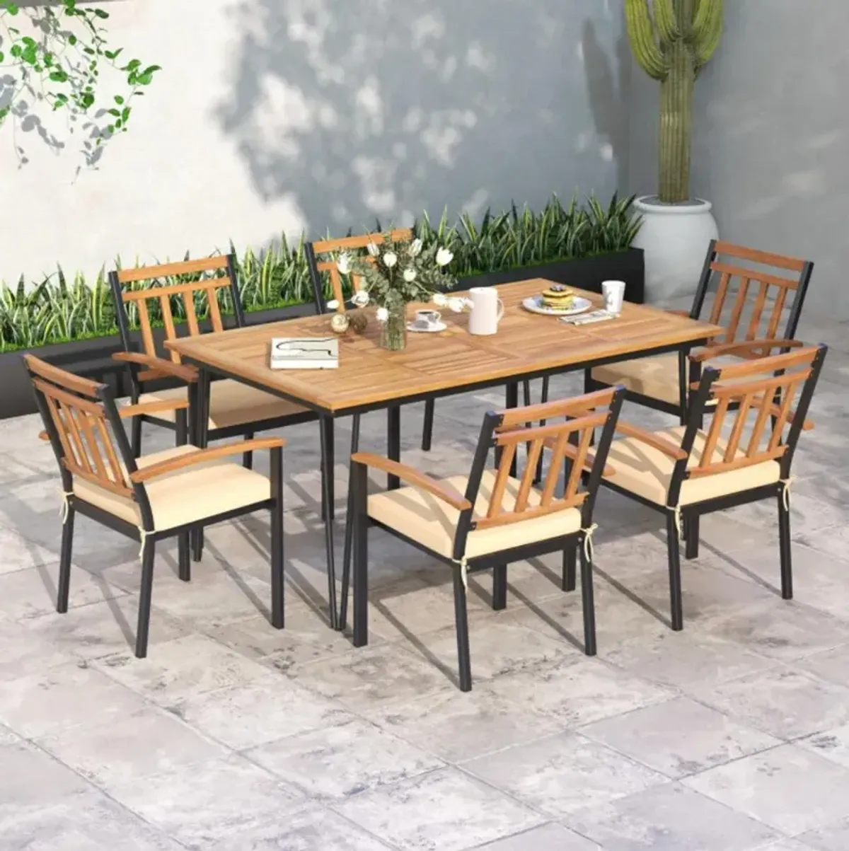 Hivvago 63/86.5 Inch Rectangular Outdoor Dining Table with Acacia Wood Tabletop and Umbrella Hole