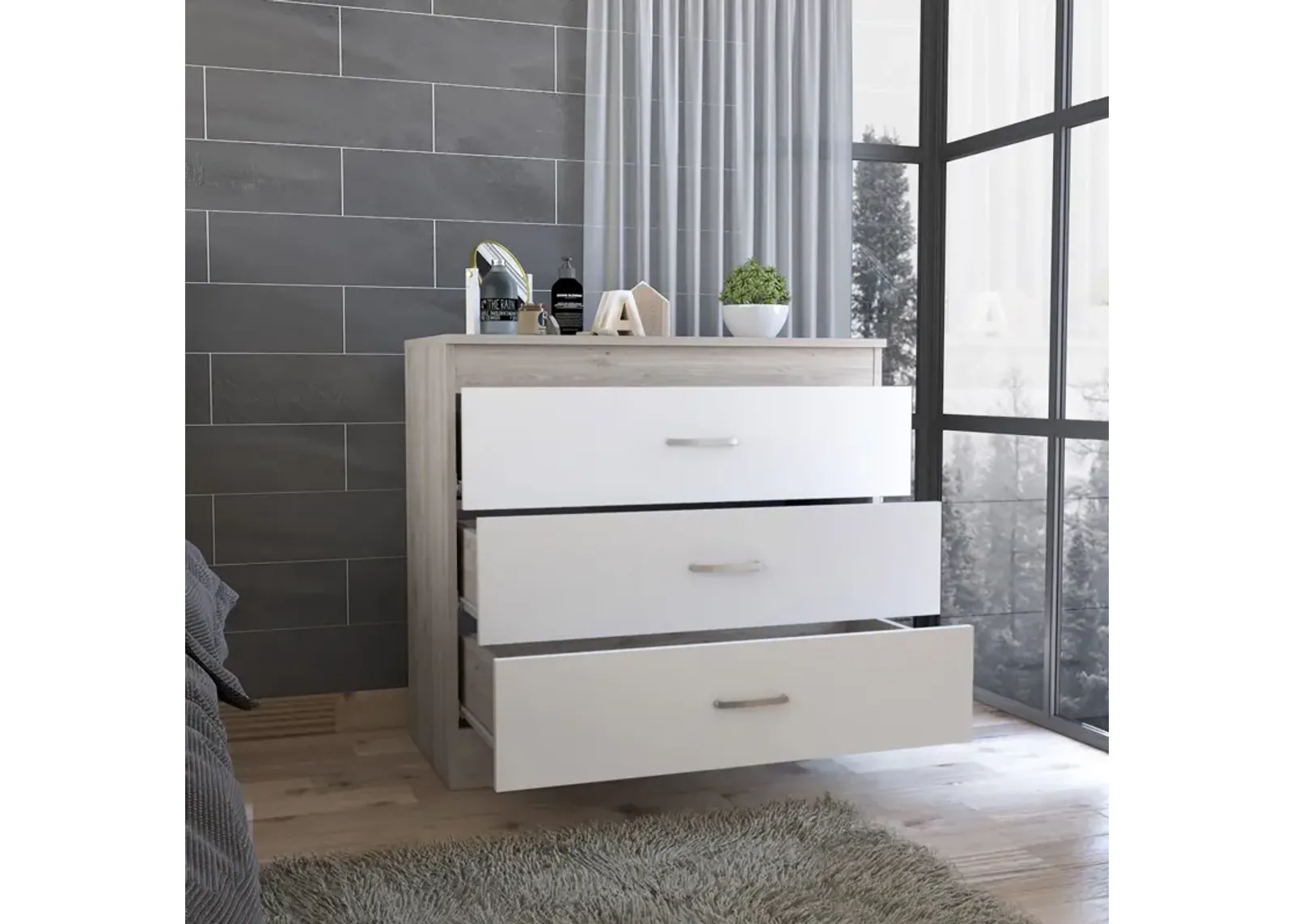 Melia Three Drawer Dresser, Superior Top, Metal Hardware - Light Gray White