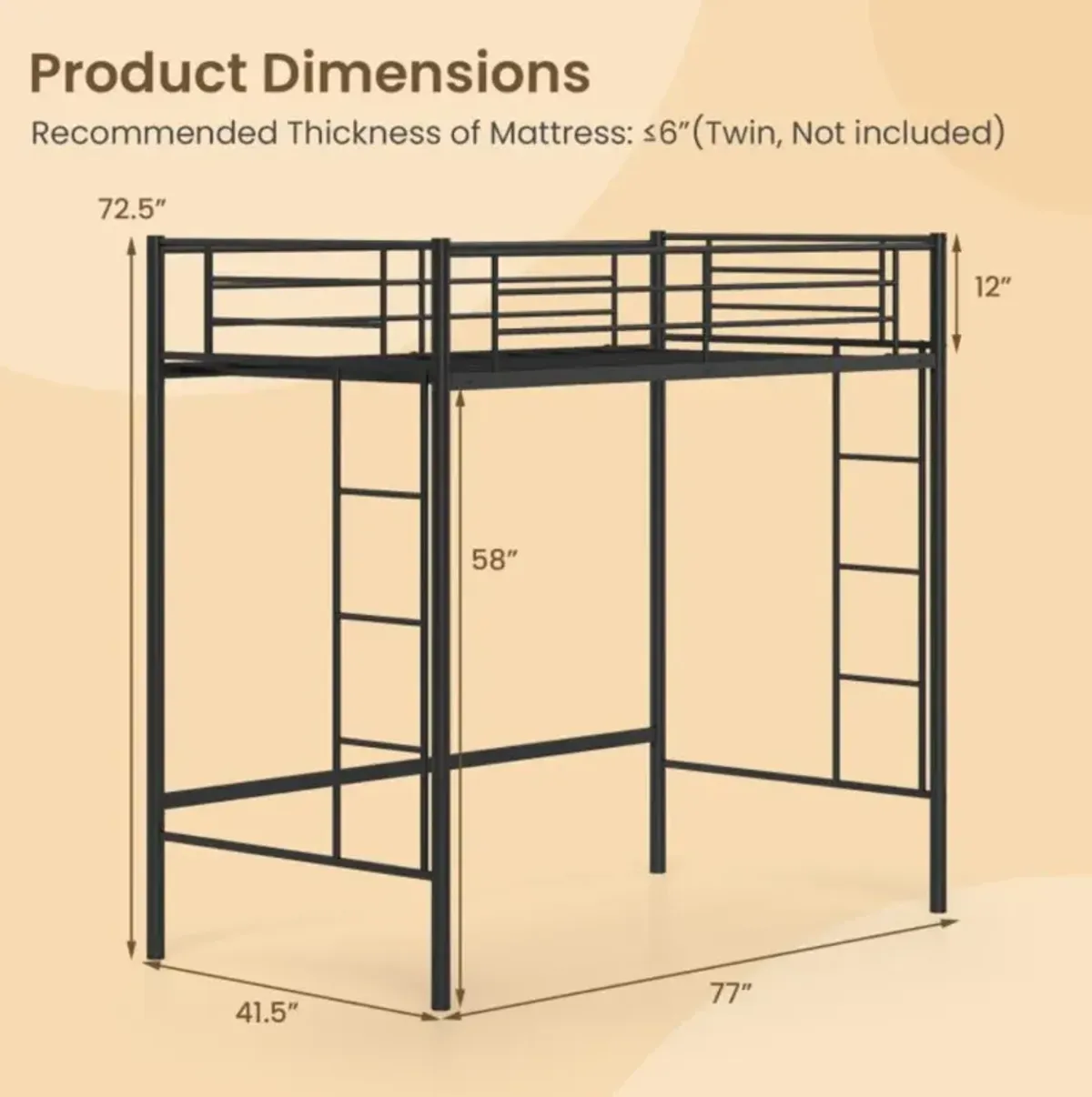 Hivvago Twin Loft Bed Frame with 2 Ladders Full-length Guardrail