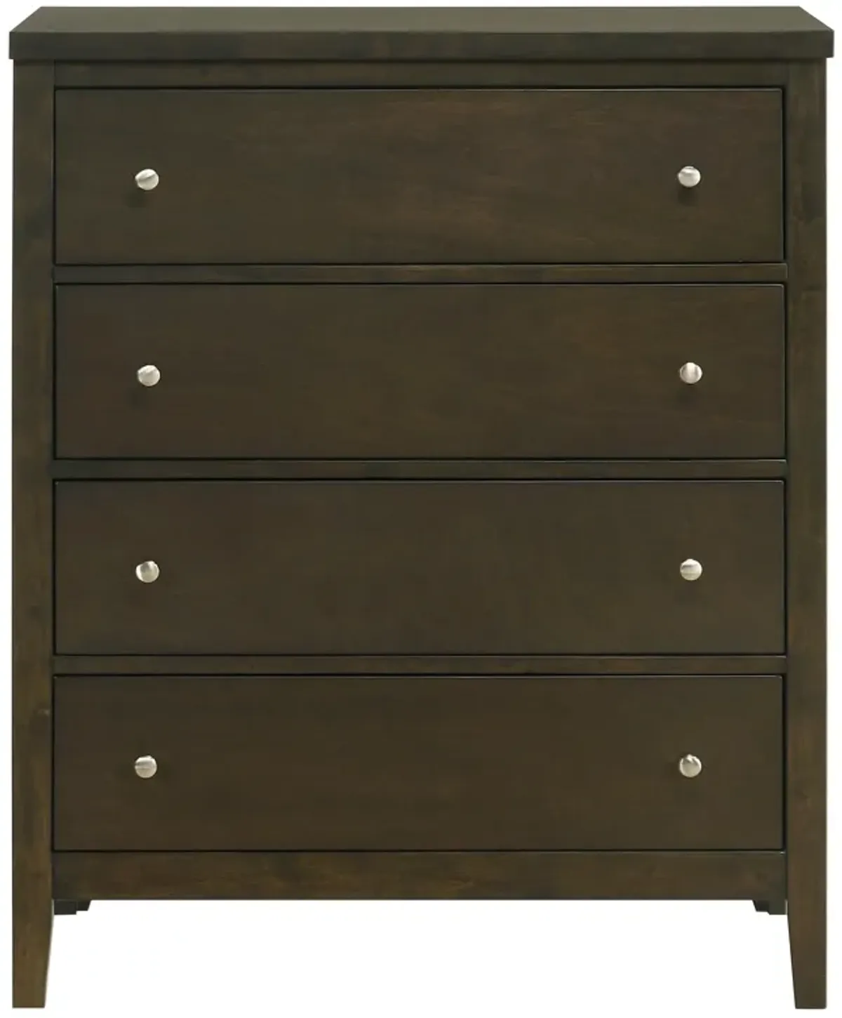 Wily Tall Dresser Chest, Dark Brown Wood, 4 Drawer, Round Nickel Knobs - Benzara