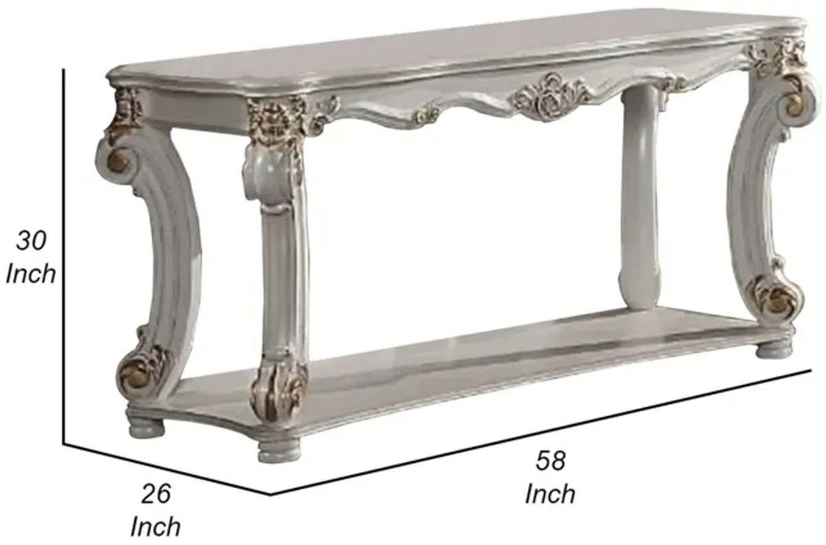 Jess 58 Inch Sofa Console Table, Classic Scrolled Legs, Brushed Gold, Shelf - Benzara