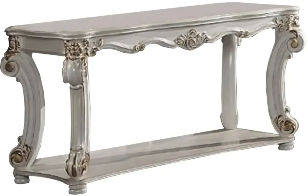 Jess 58 Inch Sofa Console Table, Classic Scrolled Legs, Brushed Gold, Shelf - Benzara