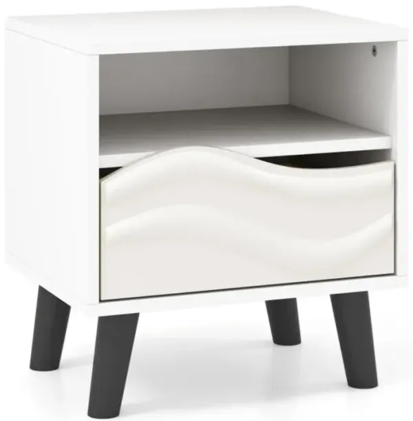 Hivvago Nightstand Mid Century Modern Bedside Table with 3D Wavy Pattern and Open Shelf
