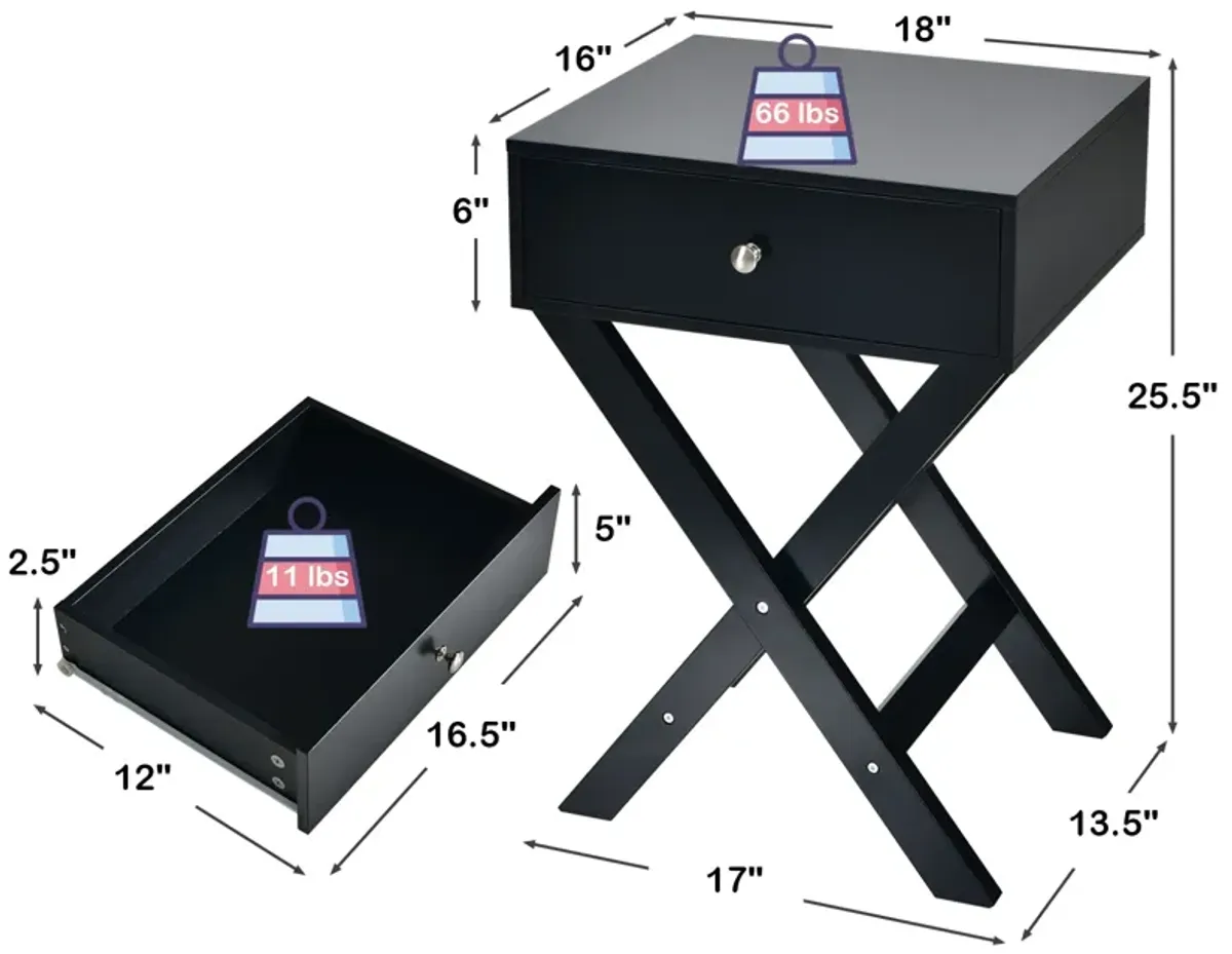 Modern X-Shaped Nightstand with Drawer for Living Room Bedroom