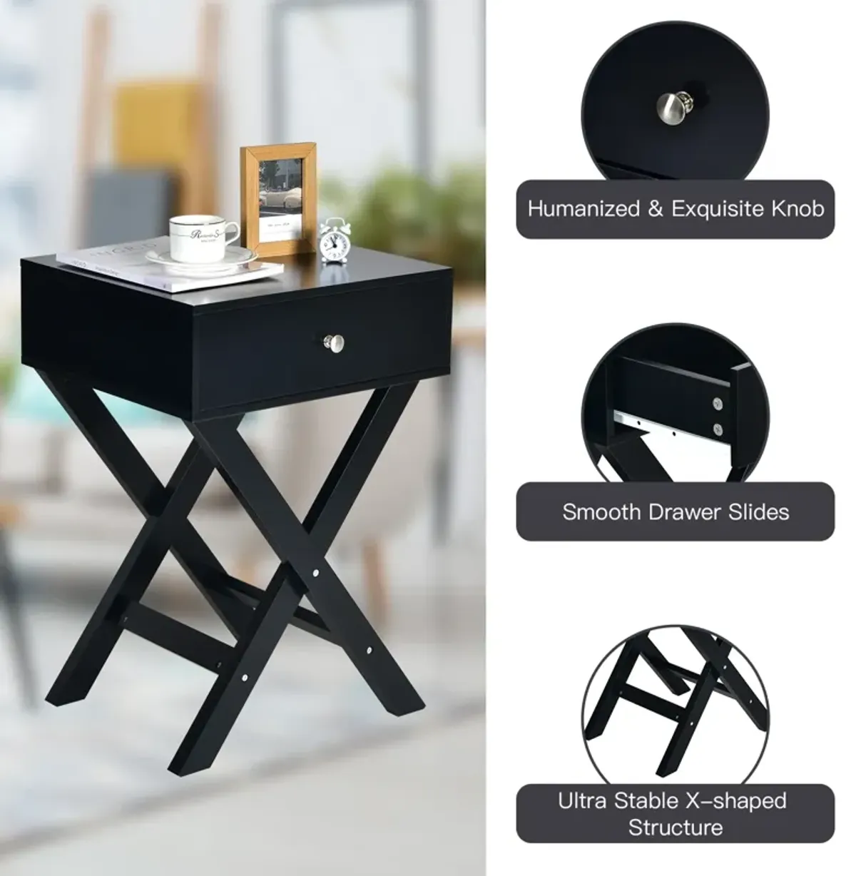 Modern X-Shaped Nightstand with Drawer for Living Room Bedroom