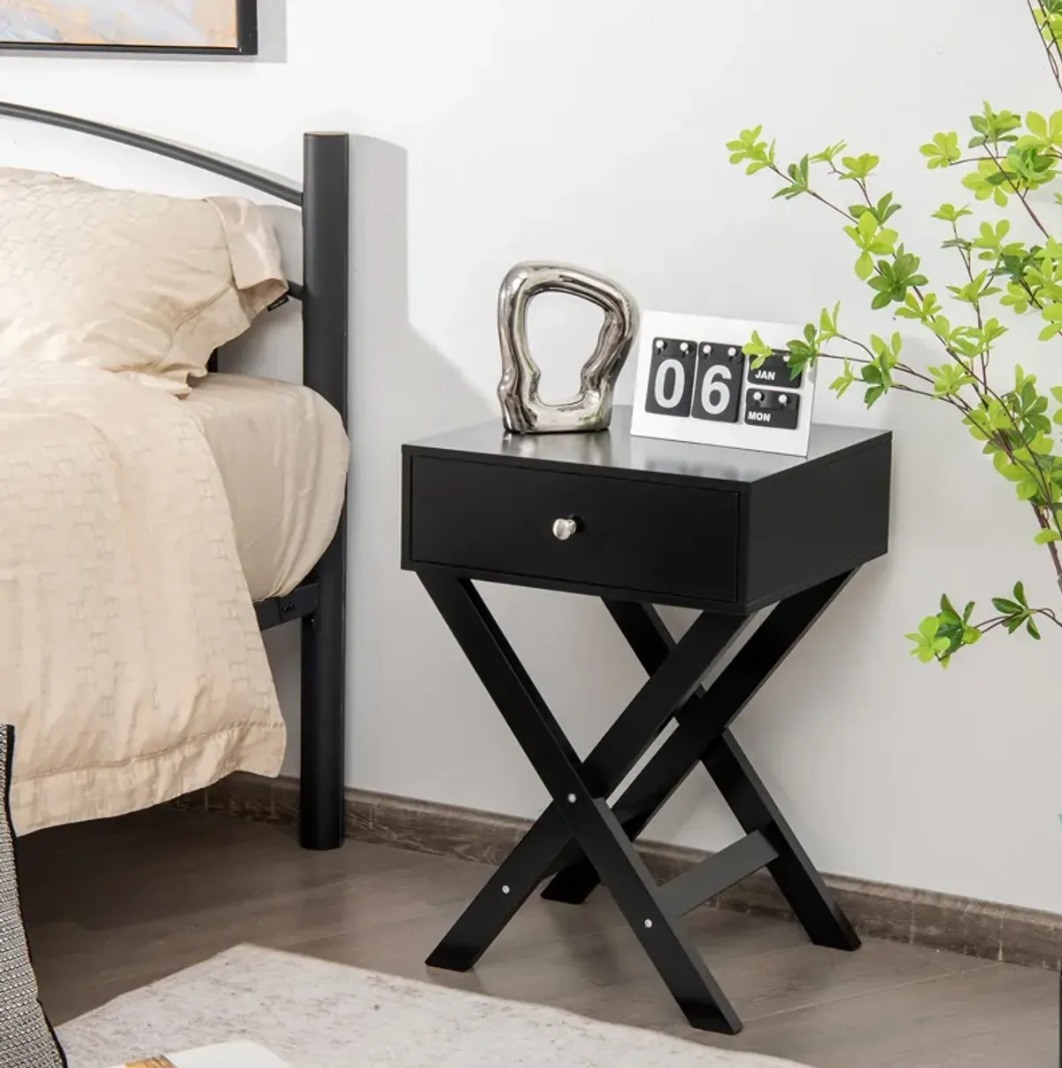 Modern X-Shaped Nightstand with Drawer for Living Room Bedroom