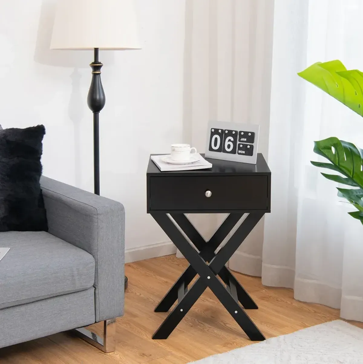 Modern X-Shaped Nightstand with Drawer for Living Room Bedroom