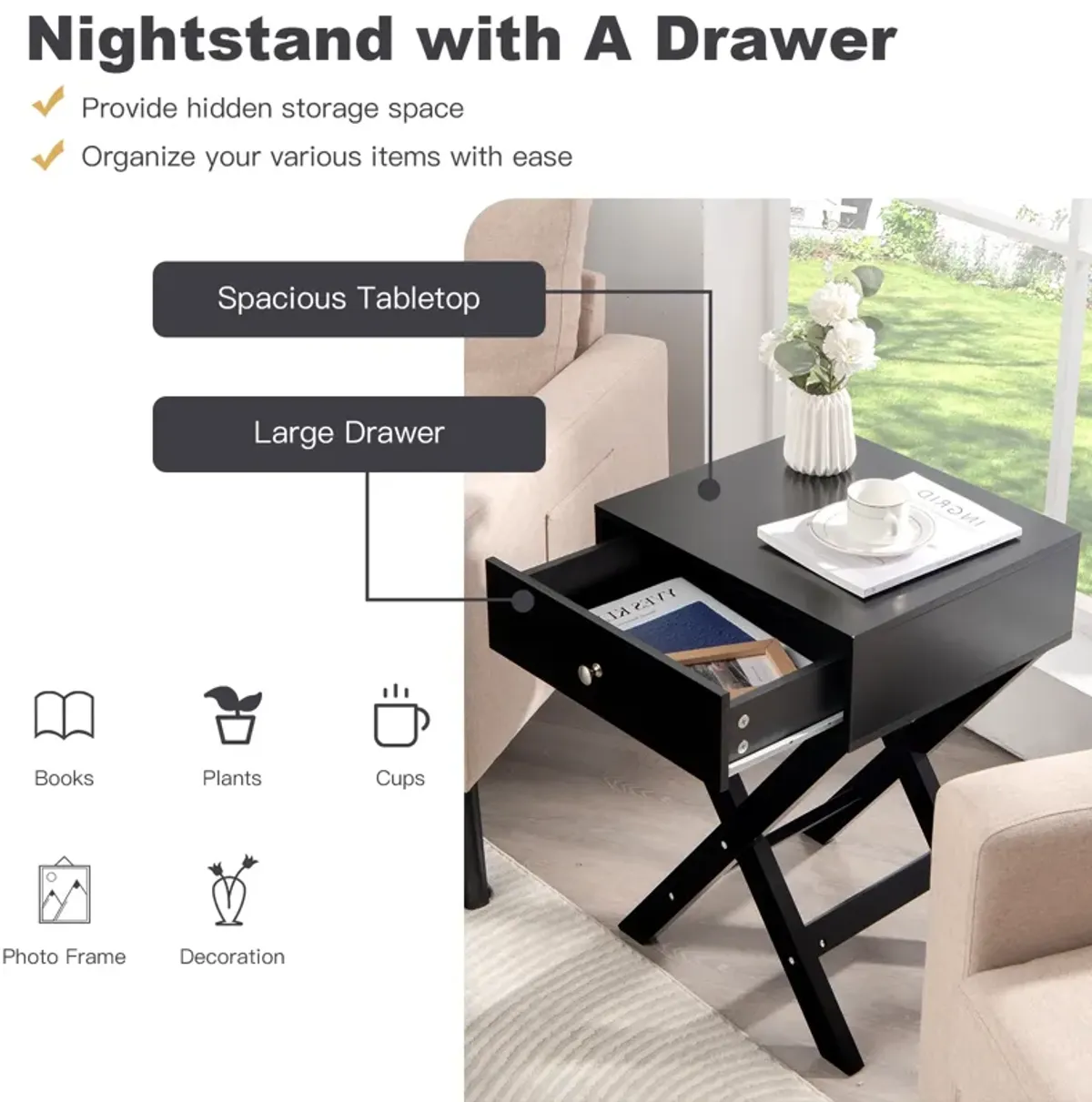 Modern X-Shaped Nightstand with Drawer for Living Room Bedroom