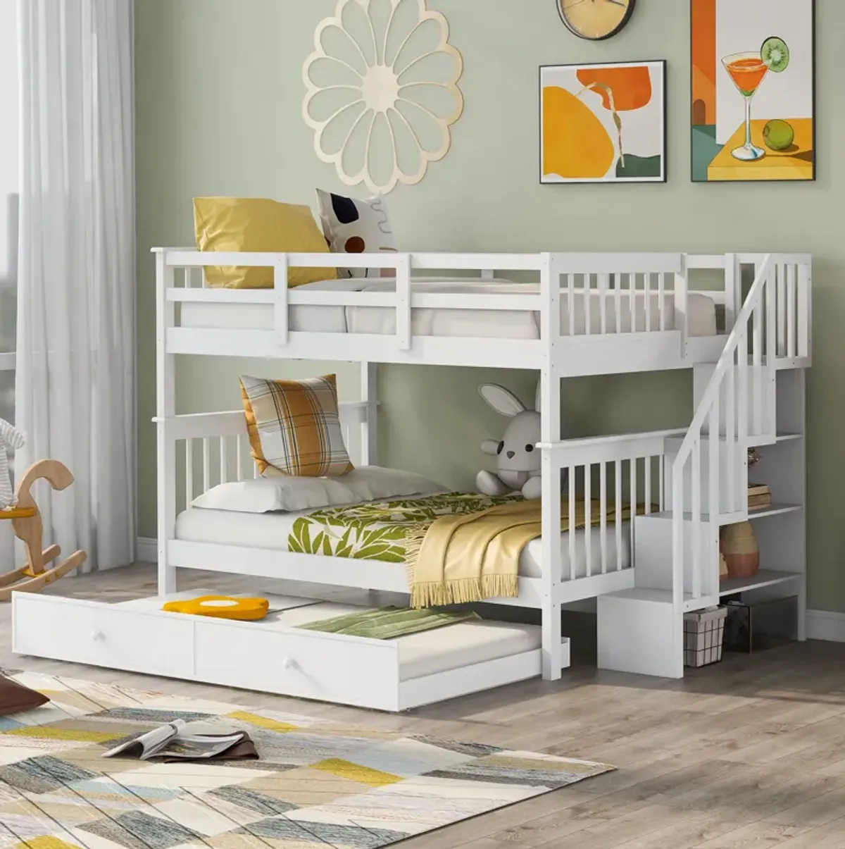 Merax Storage Bunk Bed Trundle Bed with Guard Rail