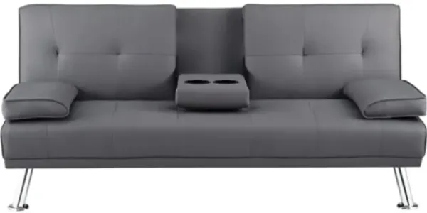 Modern Futon Sleep Sofa Bed Couch in Faux Leather with Cup Holder