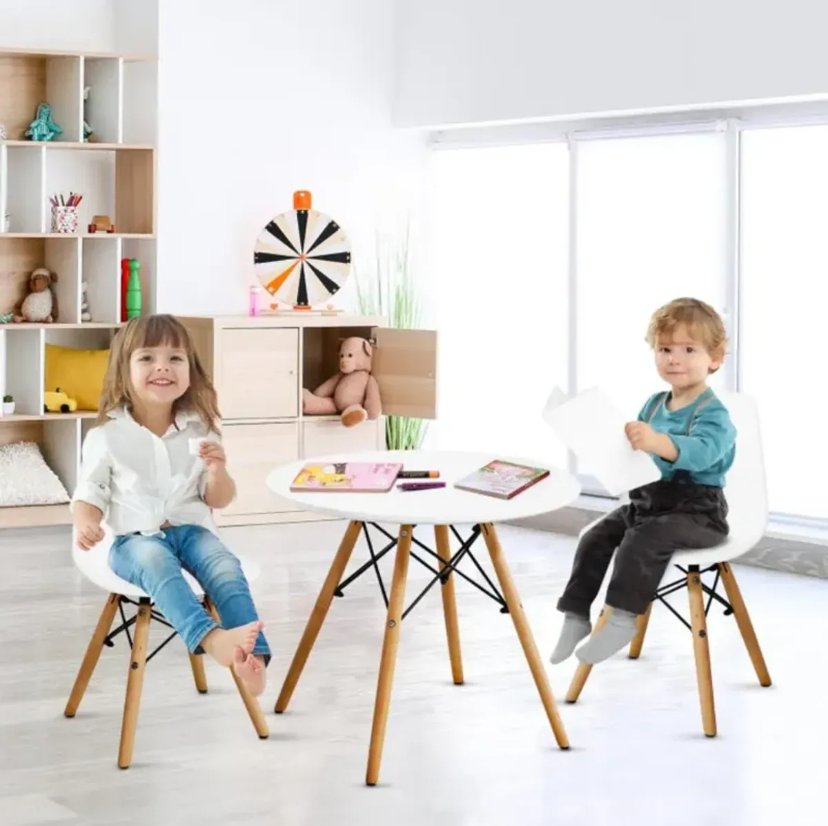 Hivvago Kid's Modern Dining Table Set with 2 Armless Chairs