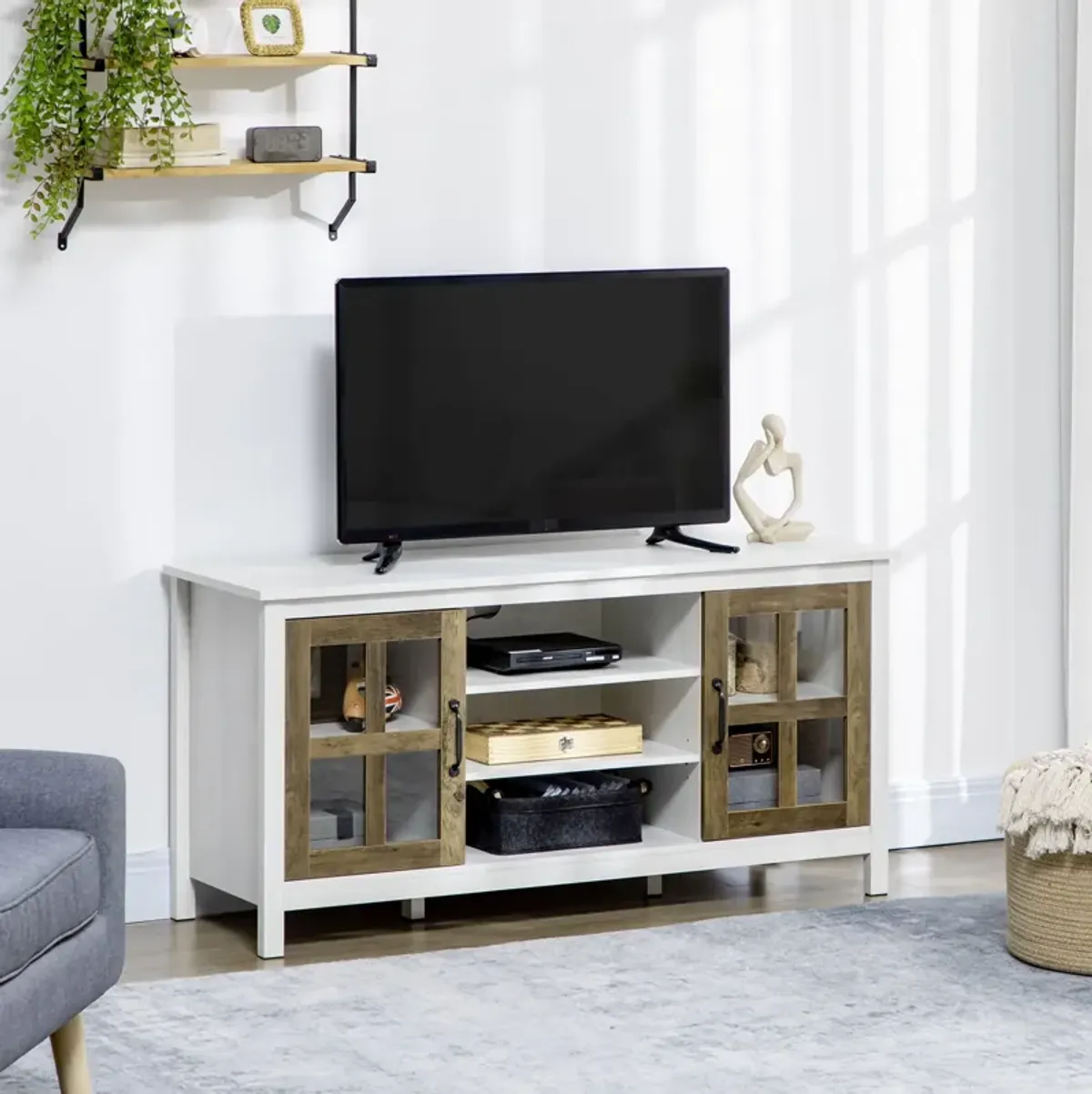 White TV Storage: 55" Farmhouse Stand with Shelves & Doors