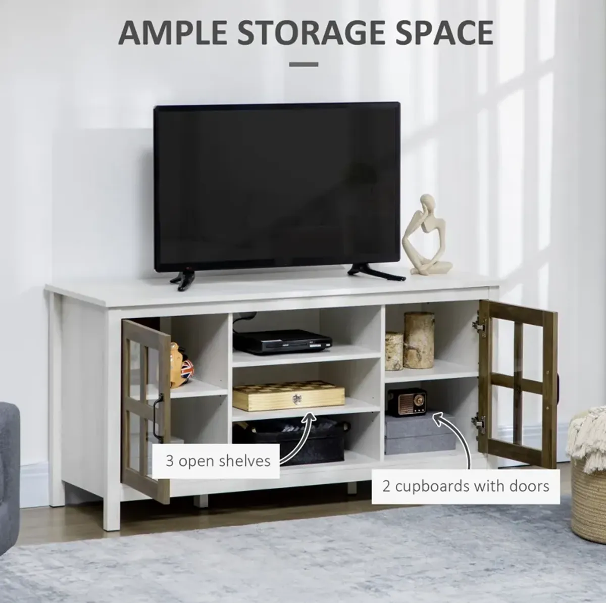 White TV Storage: 55" Farmhouse Stand with Shelves & Doors