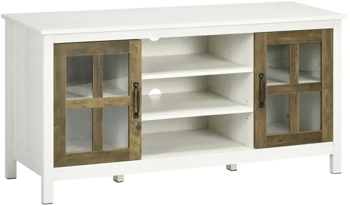 White TV Storage: 55" Farmhouse Stand with Shelves & Doors