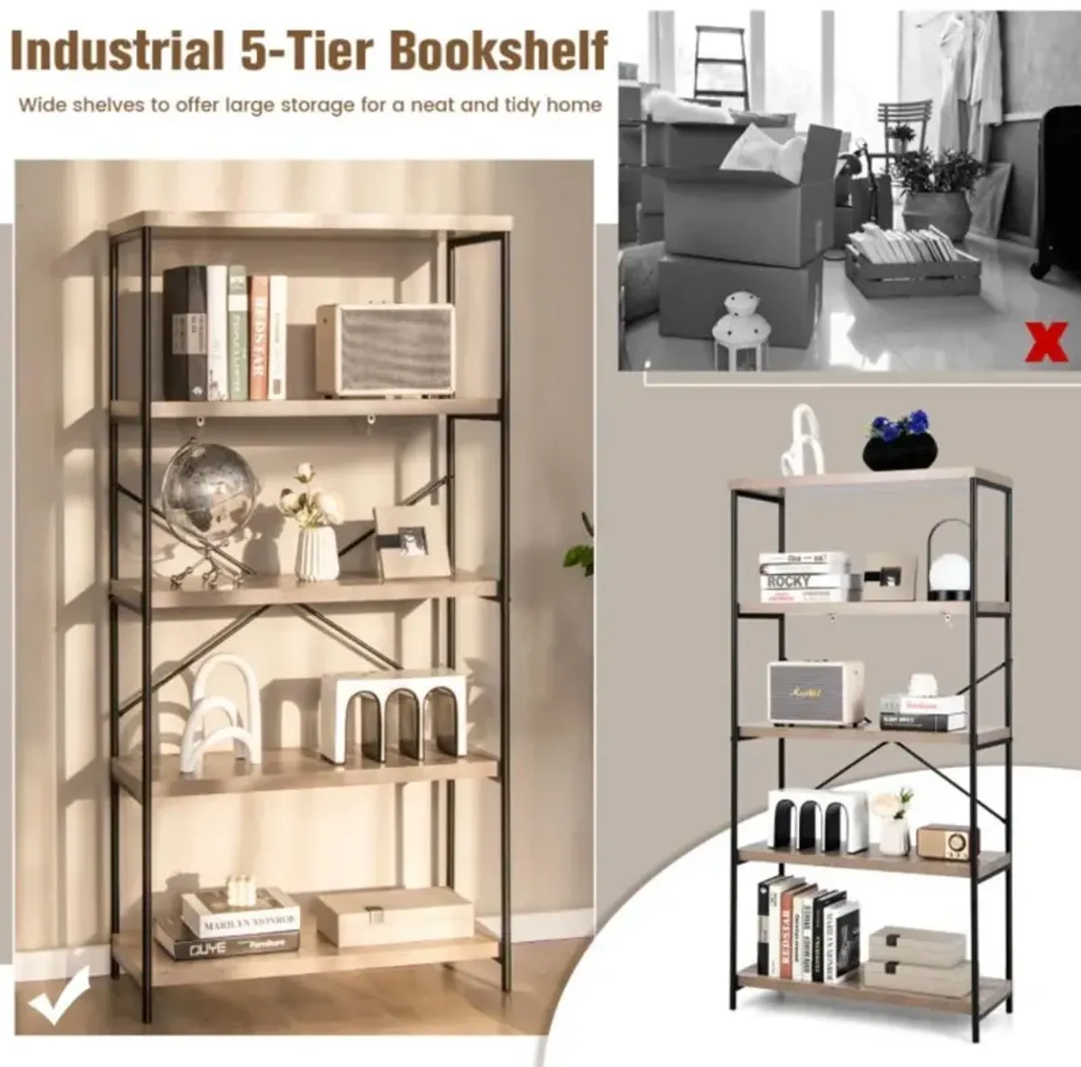 Hivvago 5-Tier Industrial Bookshelf Display Storage Rack with Metal Frame