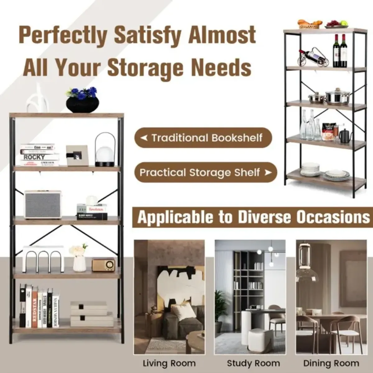 Hivvago 5-Tier Industrial Bookshelf Display Storage Rack with Metal Frame