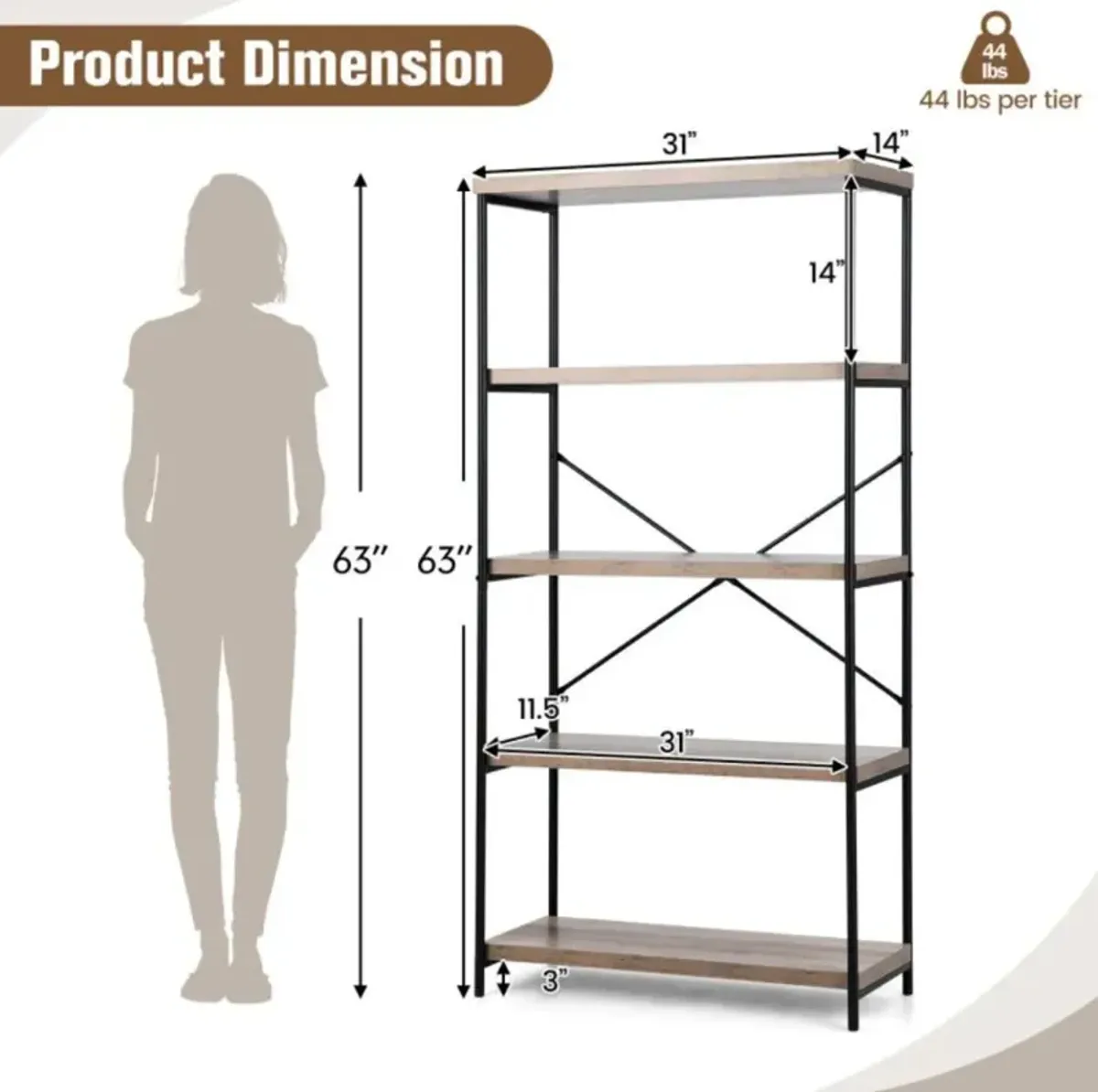 Hivvago 5-Tier Industrial Bookshelf Display Storage Rack with Metal Frame