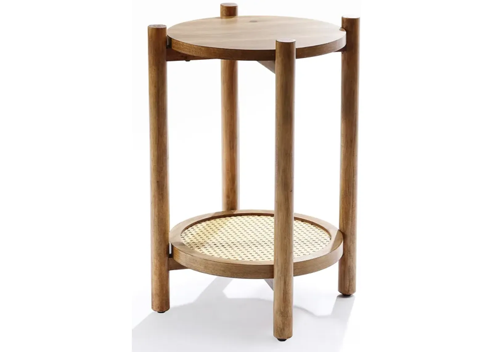 LuxenHome Chestnut Finish Pine and MDF Wood Accent Round Table with Rattan Shelf