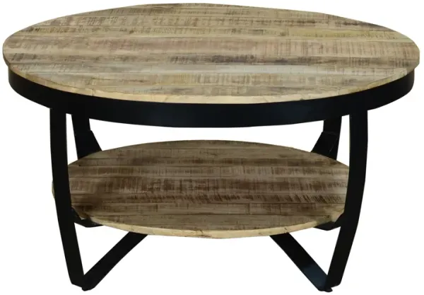 34 Inch Farmhouse Round Coffee Table with Metal Framework, Brown and Black-Benzara