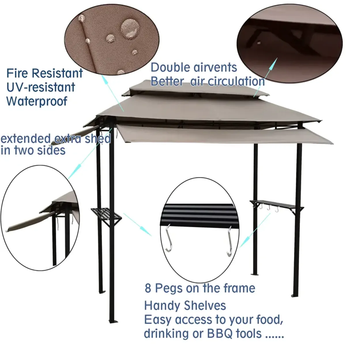 8 X 4FT Grill Gazebo With Soft Top Canopy And Steel Frame With Hook And Bar Counter