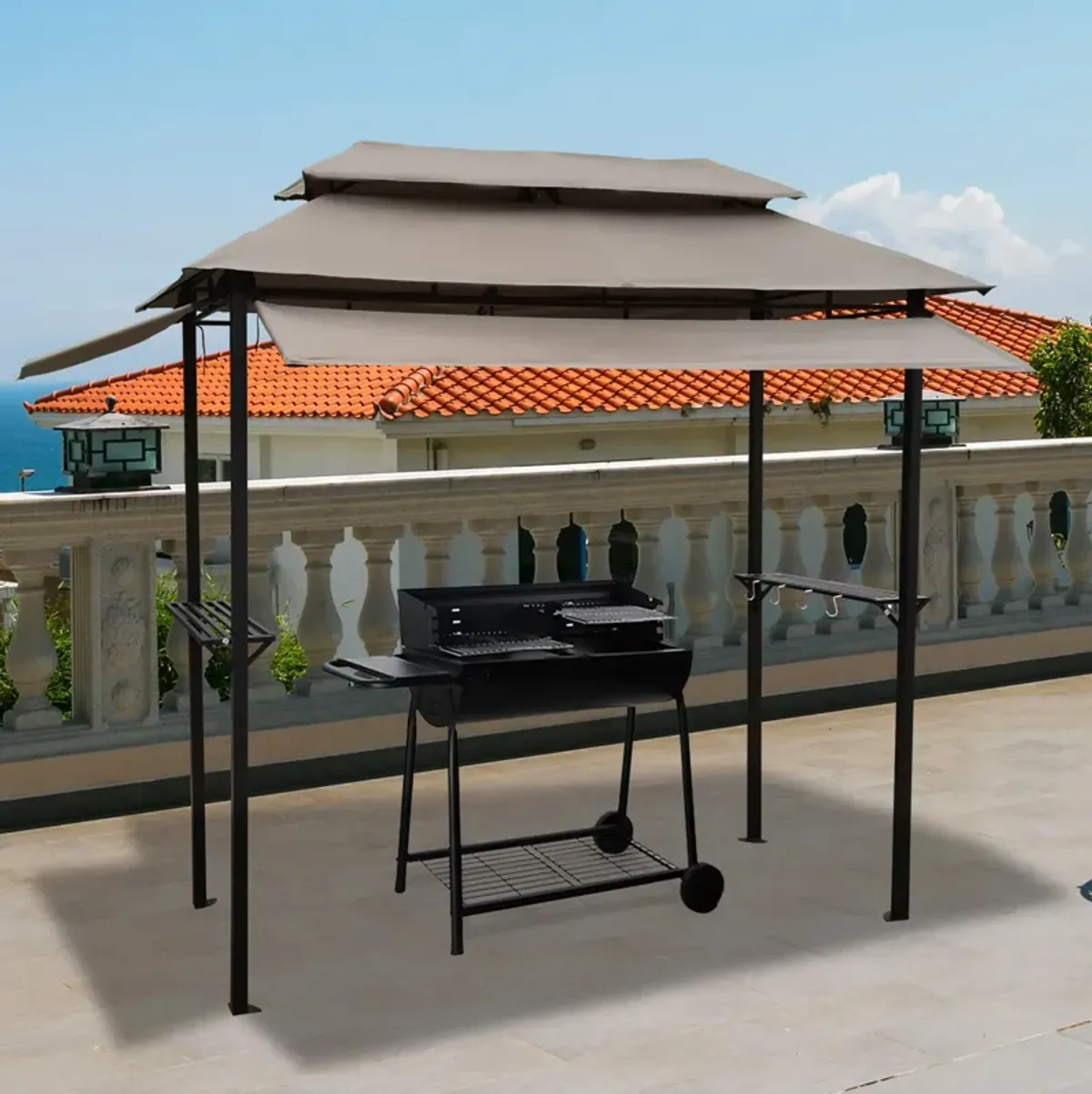 8 X 4FT Grill Gazebo With Soft Top Canopy And Steel Frame With Hook And Bar Counter