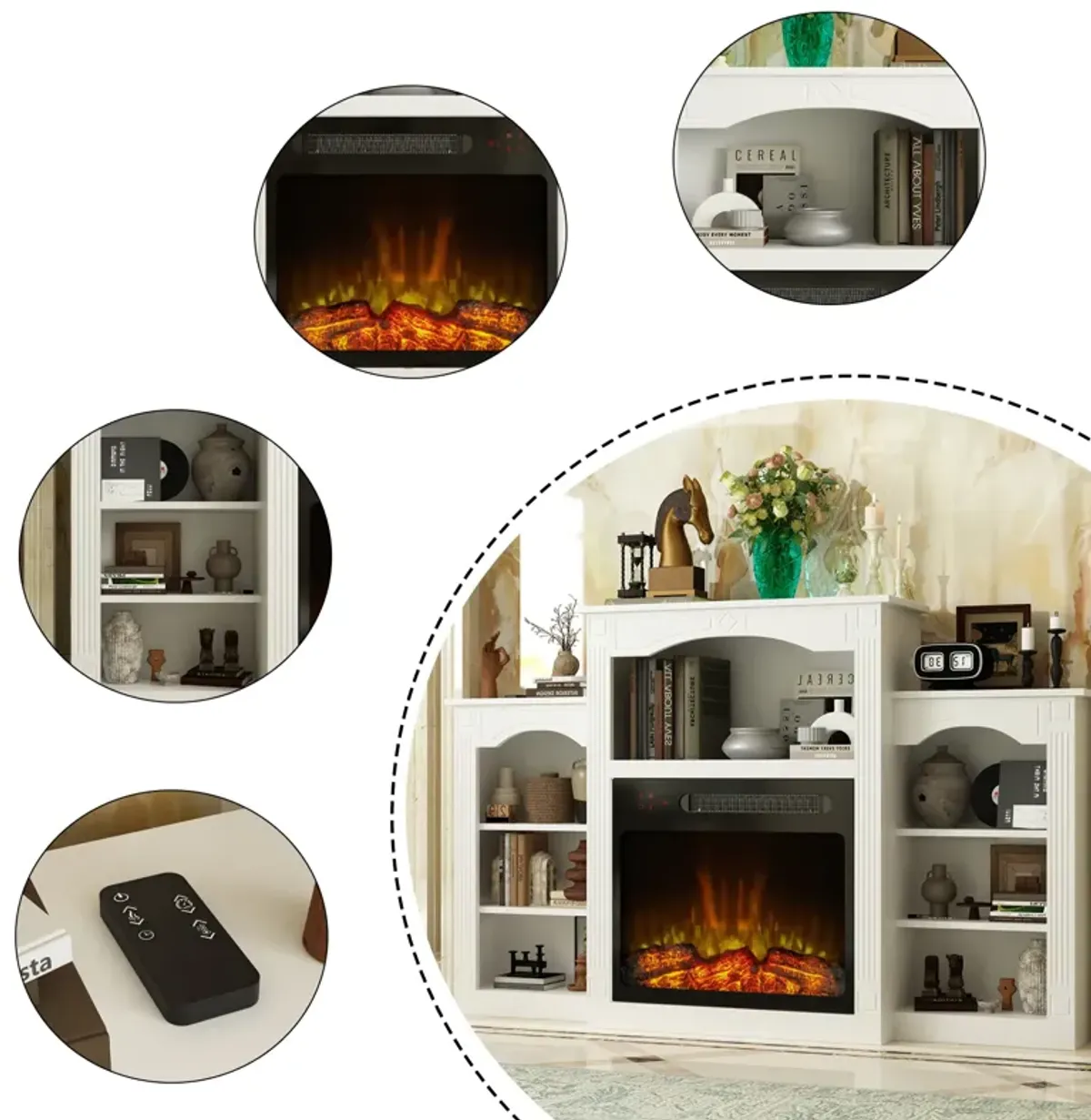 FUFU&GAGA Modern Fireplace TV Stand with Shelves and Electric Fireplace Insert, (58.8" W x 11.8" D x 37.4" H), White