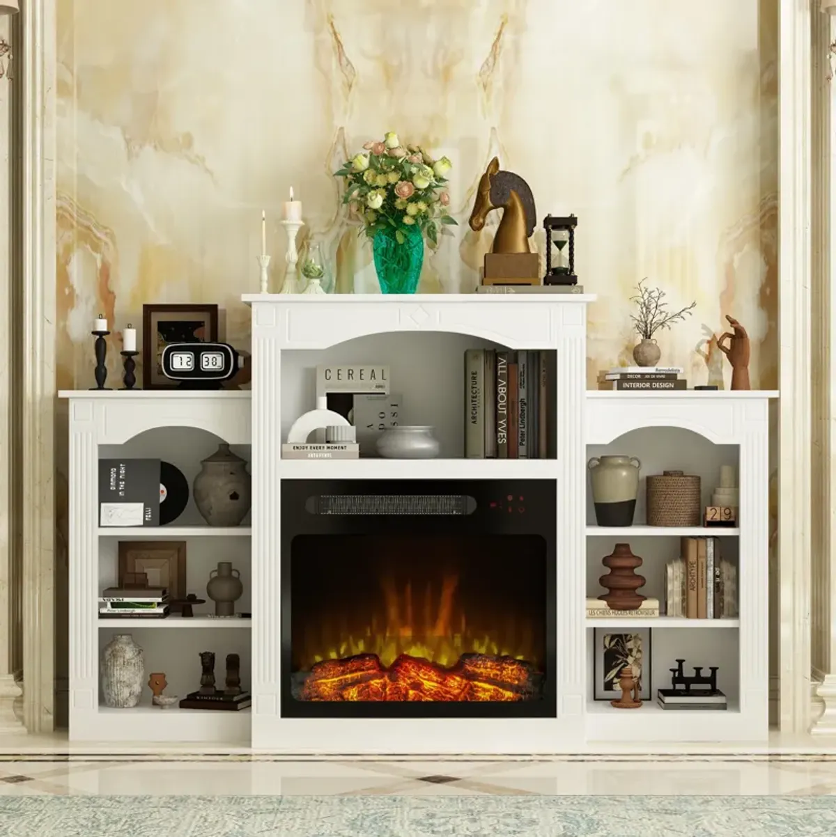 FUFU&GAGA Modern Fireplace TV Stand with Shelves and Electric Fireplace Insert, (58.8" W x 11.8" D x 37.4" H), White