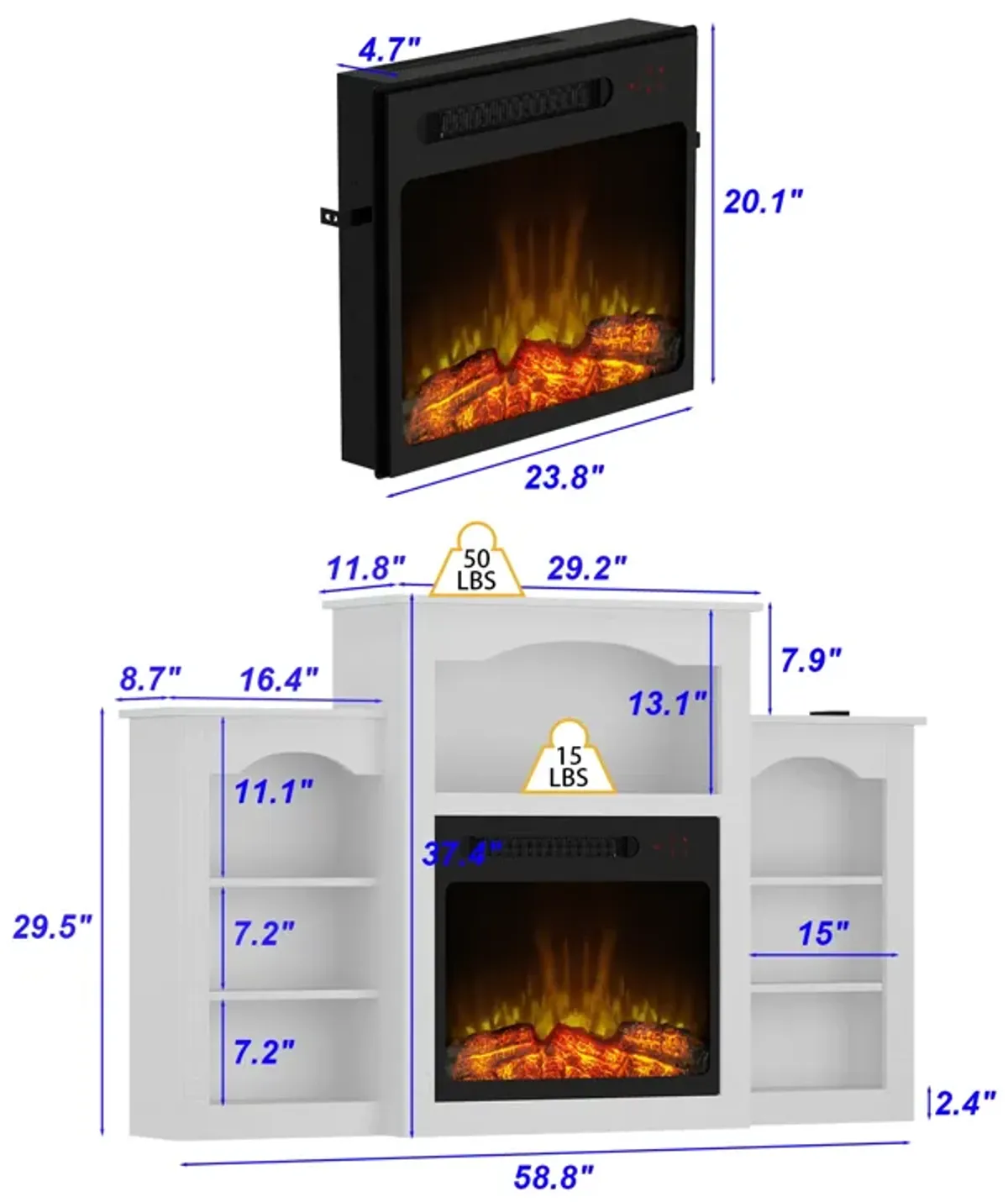 FUFU&GAGA Modern Fireplace TV Stand with Shelves and Electric Fireplace Insert, (58.8" W x 11.8" D x 37.4" H), White