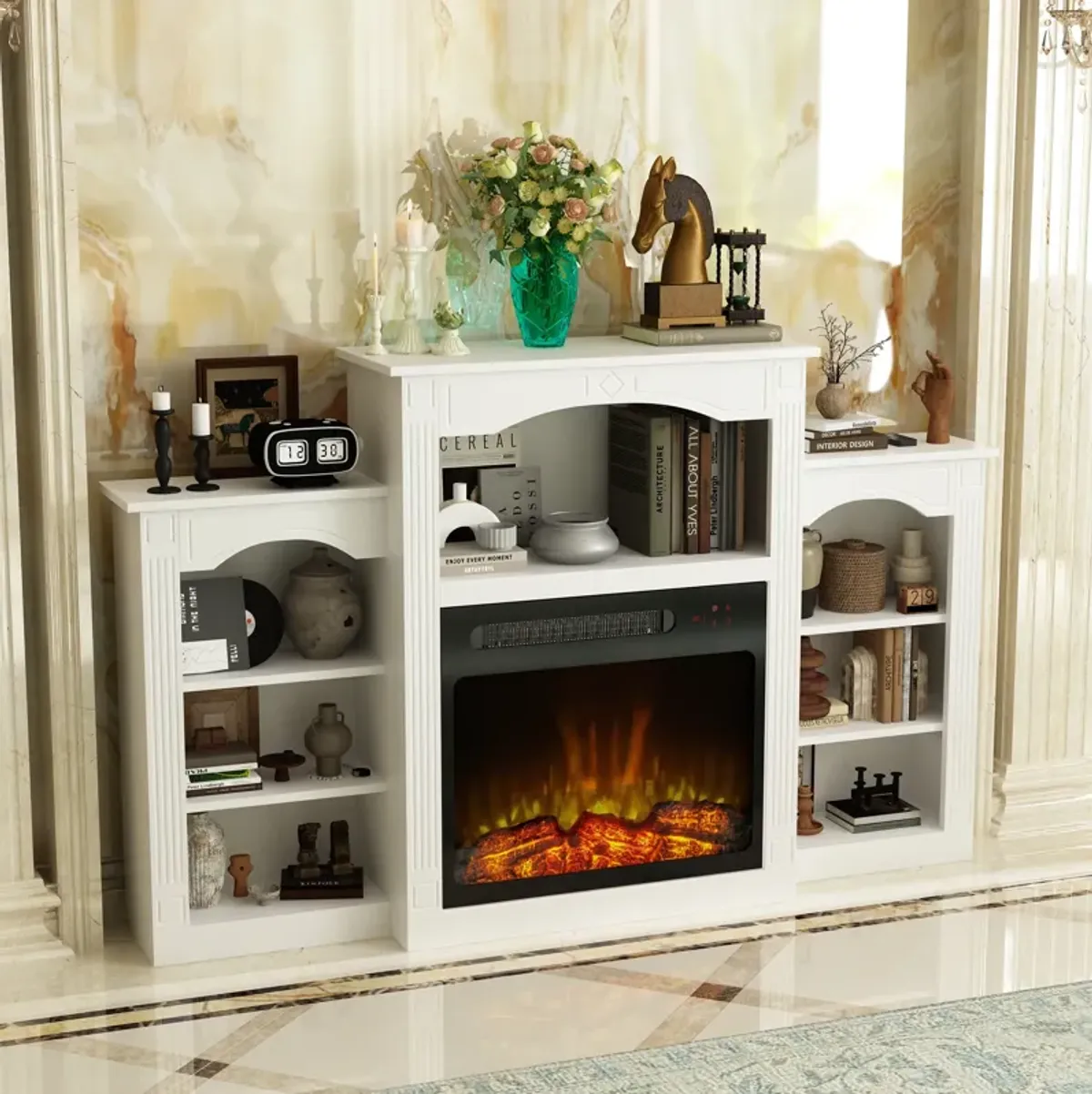 FUFU&GAGA Modern Fireplace TV Stand with Shelves and Electric Fireplace Insert, (58.8" W x 11.8" D x 37.4" H), White