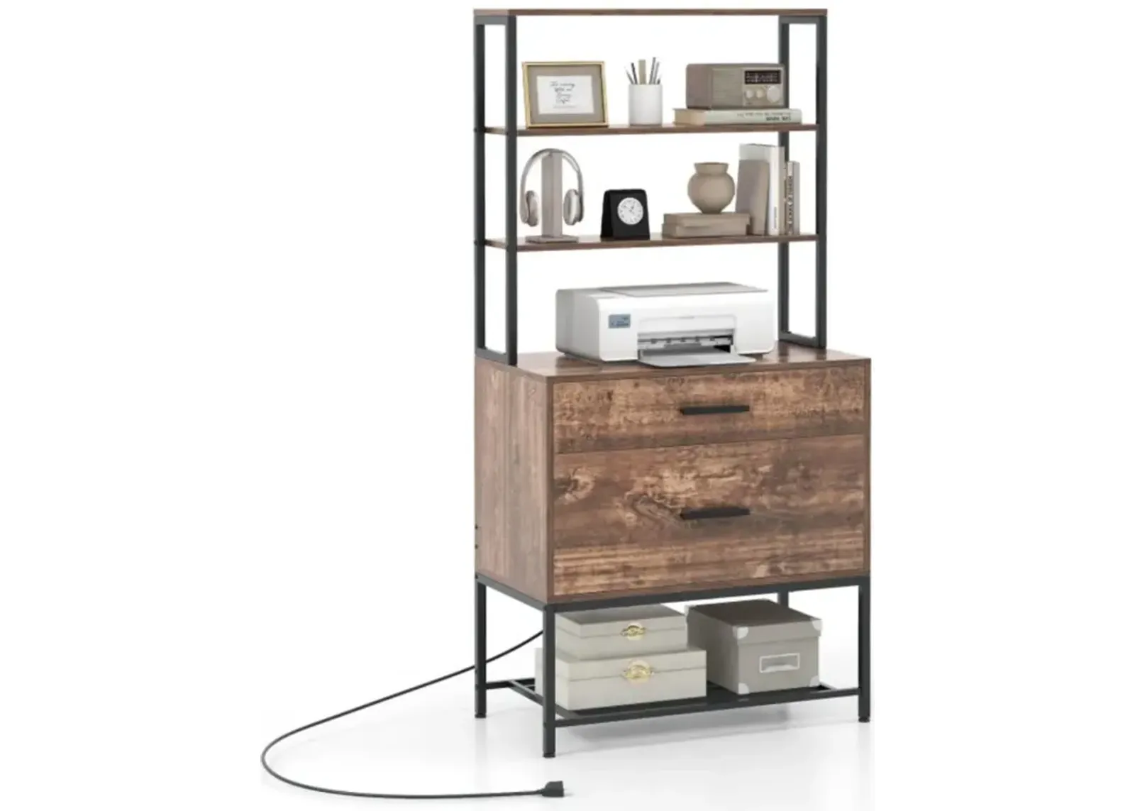 Hivvago Freestanding File Cabinet with Charging Station and 3-Tier Open Shelves