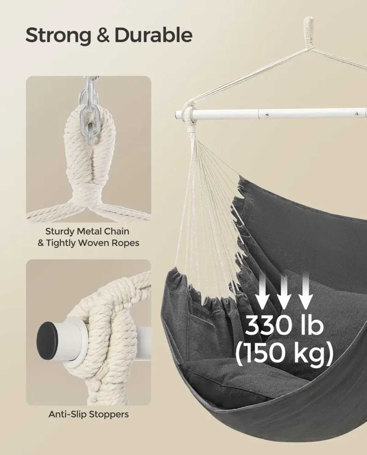 Hanging Hammock Chair with 2 Cushions for Indoor/Outdoor Relaxation