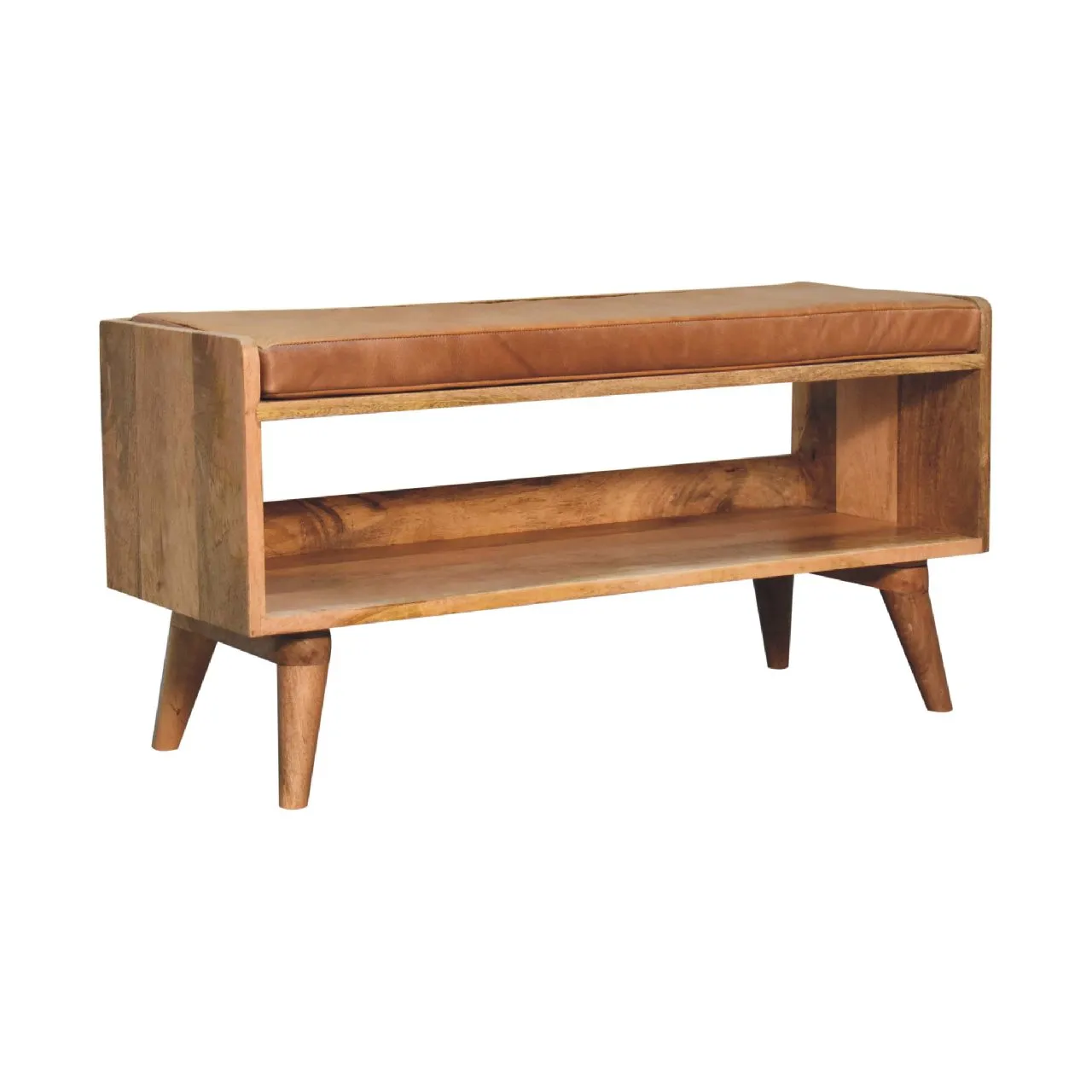 Artisan Furniture  Solid WoodOak-ish Bench with Tan Leather Seat-pad