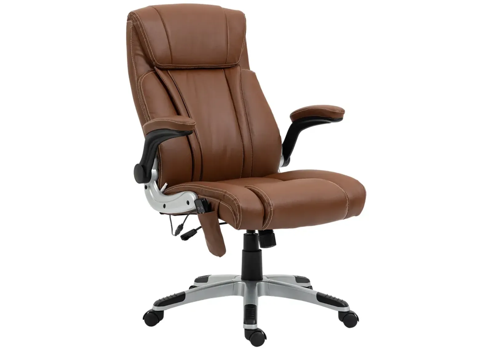 Brown Faux Leather Heated Chair: 6 Vibration Points, Flip-up Armrest